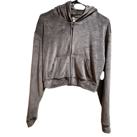 Skims Women's Hoodie Brown Velour Hooded Cropped Long Sleeve Full Zipper-Small - Picture 1 of 7